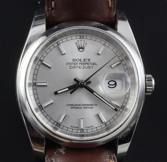 A gentlemans modern stainless steel Rolex Oyster Perpetual Datejust wrist watch,
